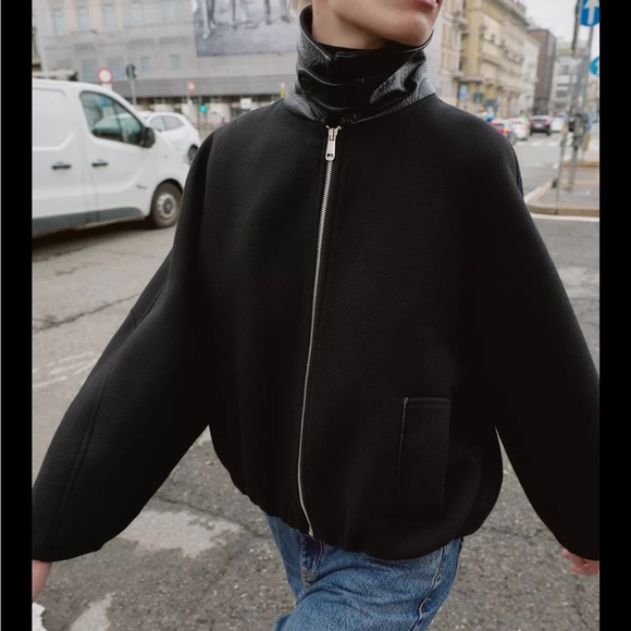 Zara CONTRAST COLLAR WOOL BALLOON BOMBER JACKET - Picture 1 of 12